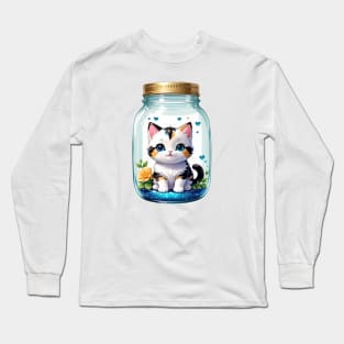 Cute Cat With Flowers Blooming In Mason Jar Long Sleeve T-Shirt